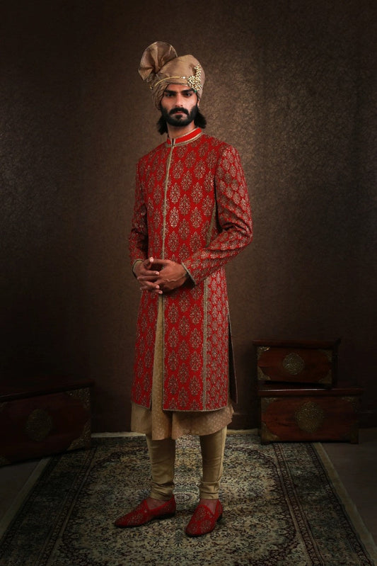 Red Old Baghbhan Sherwani (Gold Embroidery)