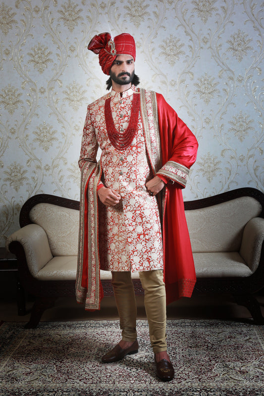 RED SONMARG SHERWANI