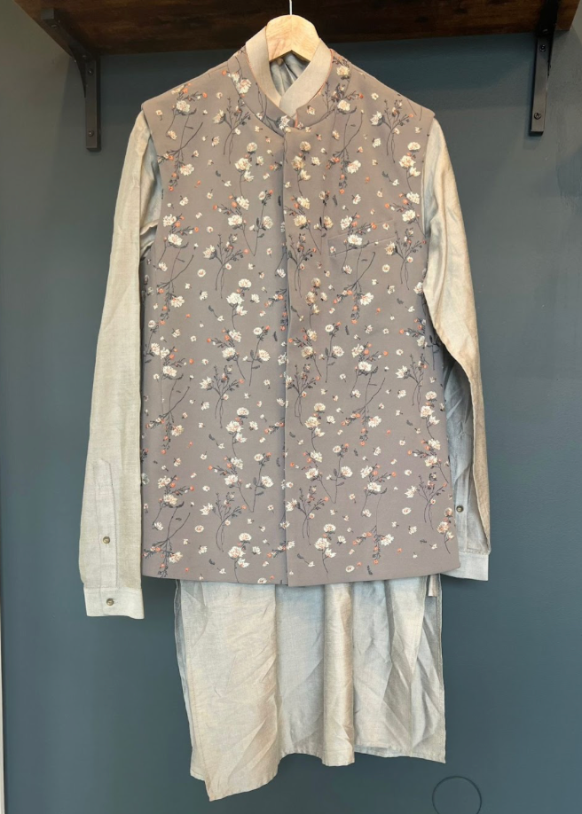 Grey Floral Vest + Kurta