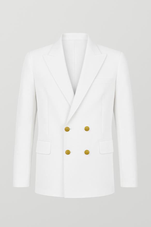 Men’s Double-Breasted Signature Blazer – White + Black & Gold