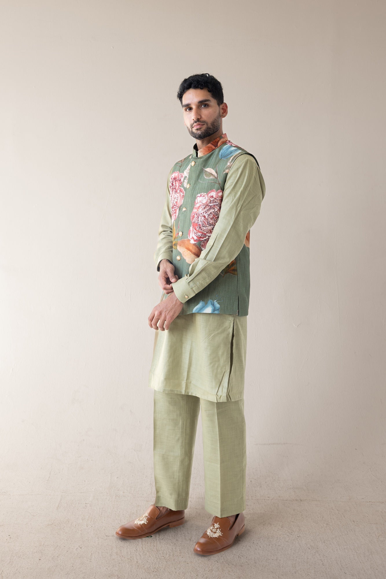 Olive Bloom Kurta Set with a floral vest additional view.