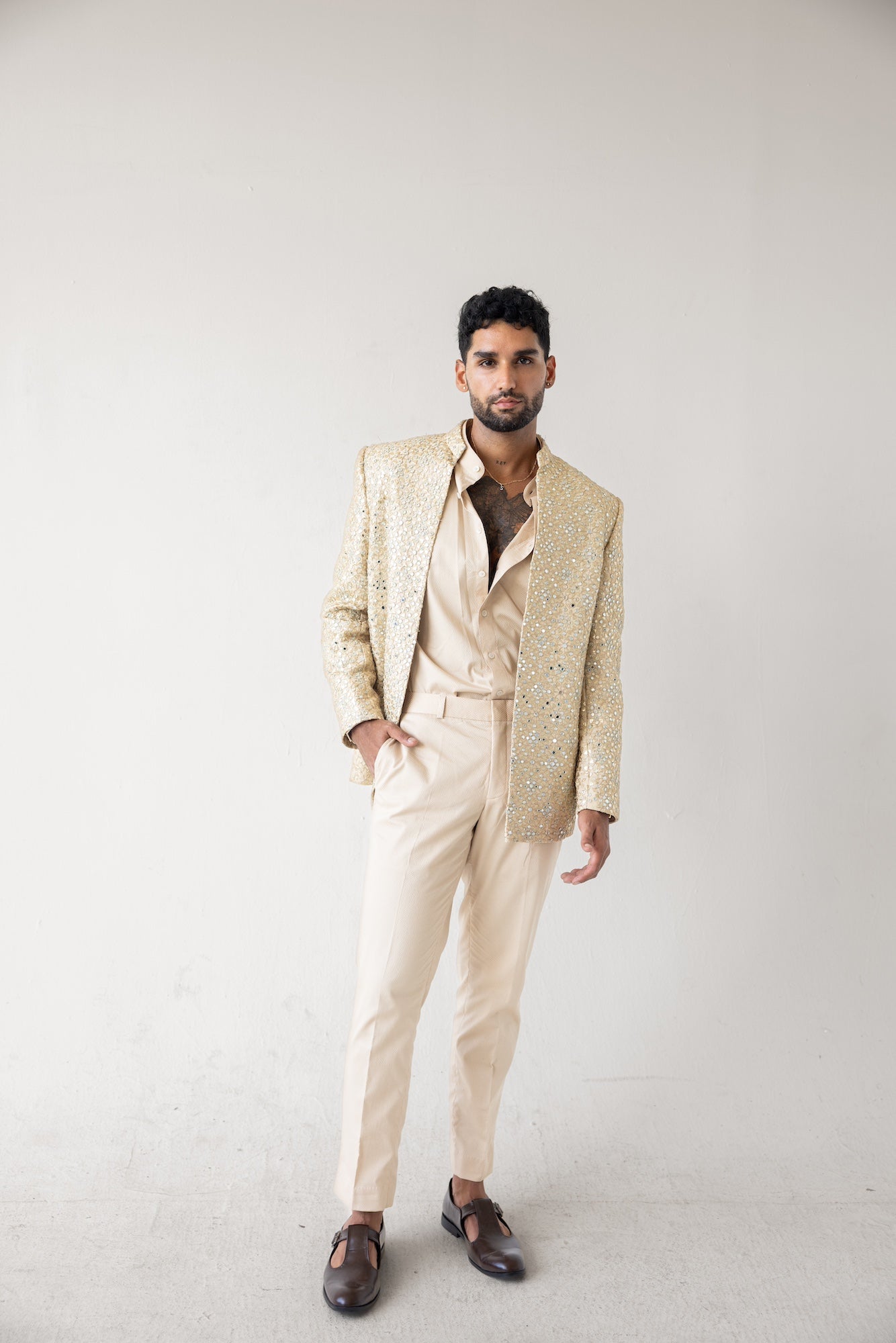 Mirror Maze Jacket Set in Ivory Gold, ideal for receptions and cocktail parties.