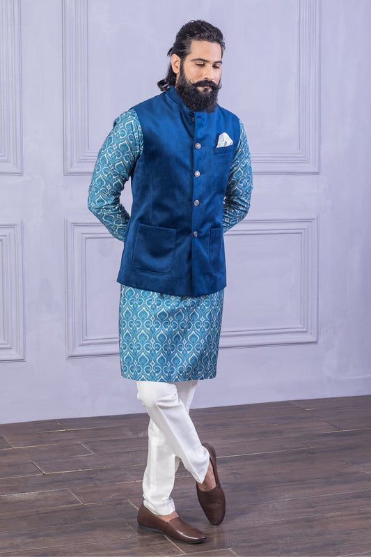 Velvet Vest & Printed Teal Blue Kurta