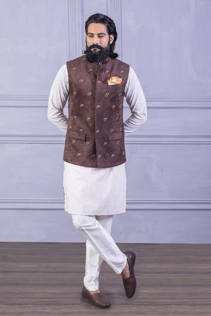 Brown Suede Embroidered Vest Set