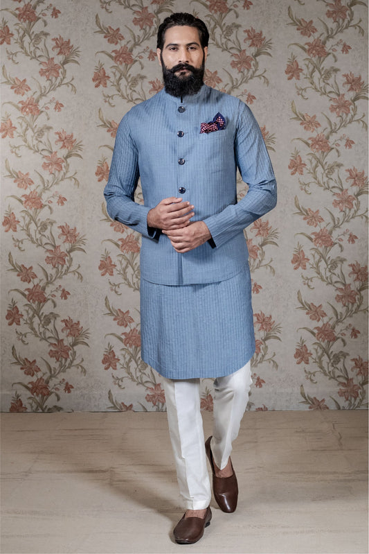 Pintuck Kurta & Blue Vest Set