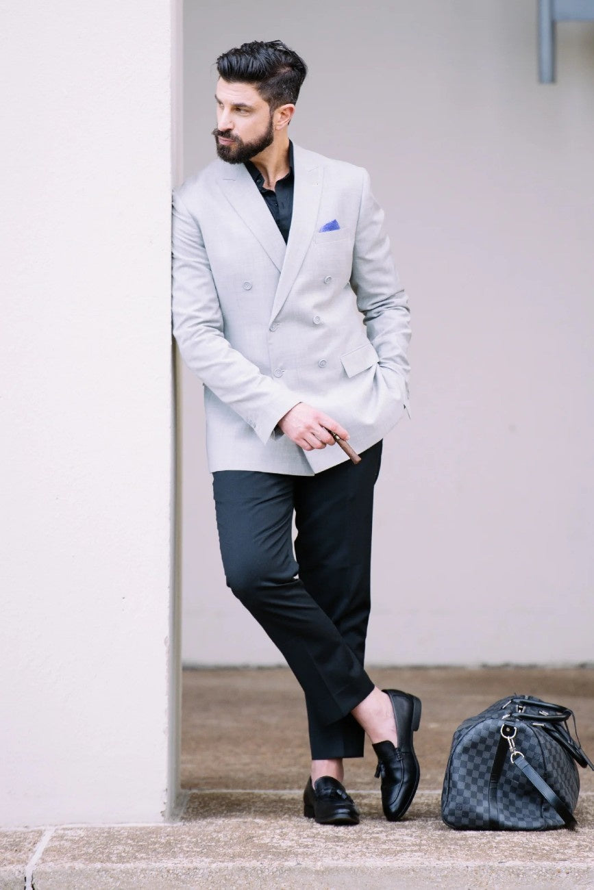 grey coat with black shirt