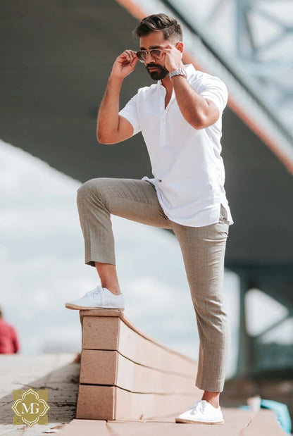 grey trouser and white shirt