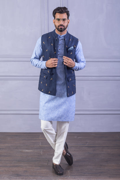 Blue Mens Linen Kurta Pajama With Suede Waistcoat Jacket