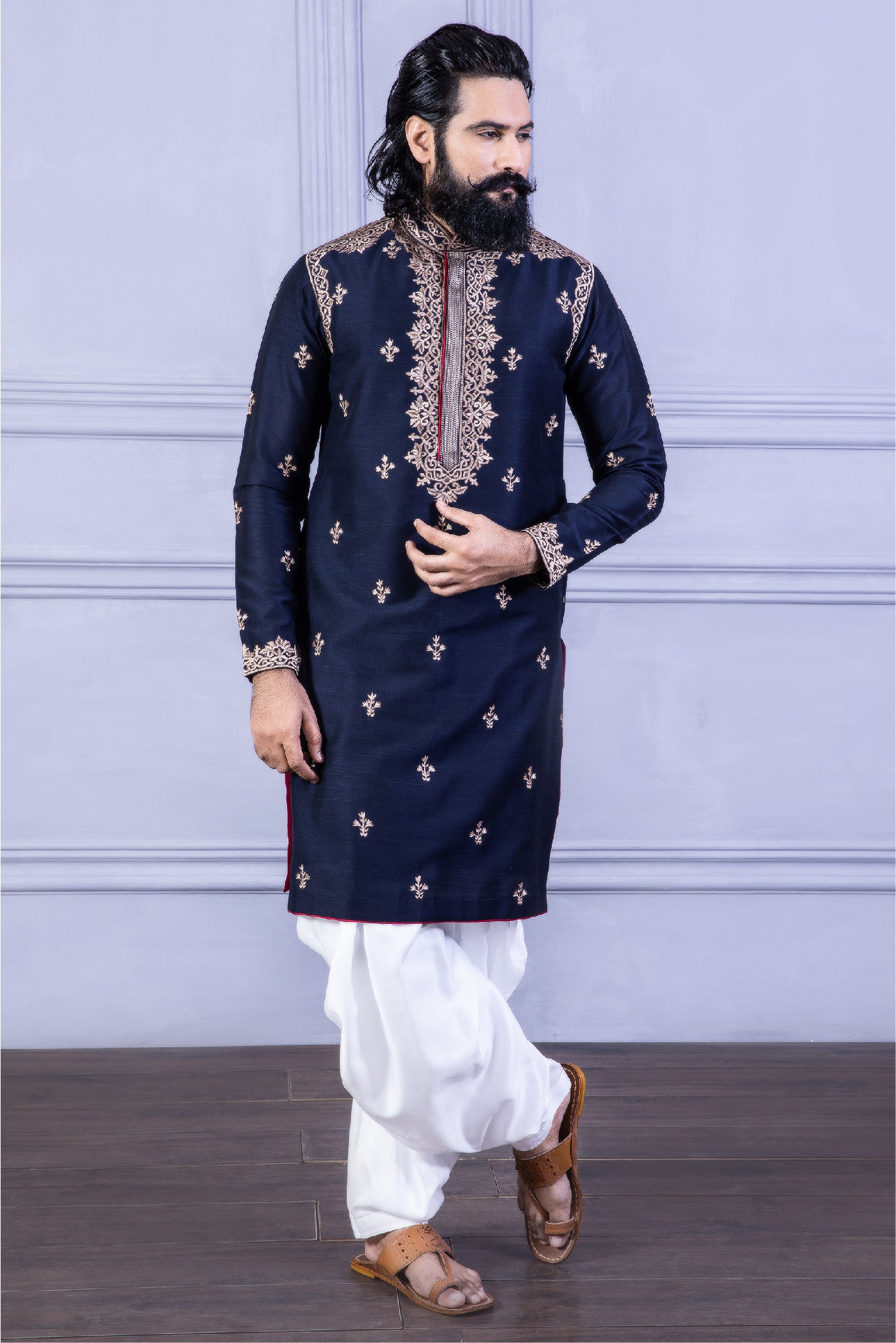 Blue Bengali Dhoti Kurta For Men by Rivesse