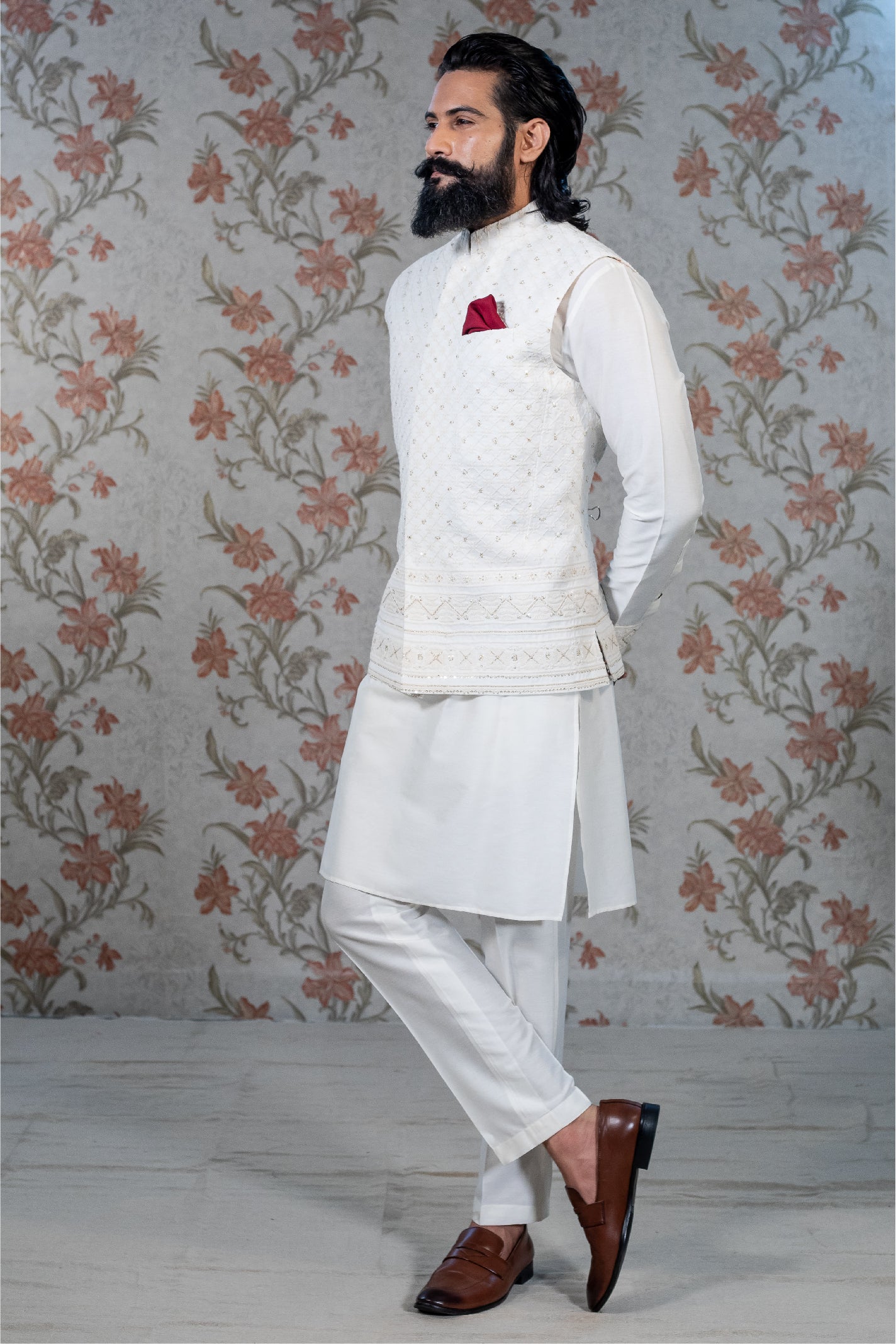 White Mens Kurta Pajama With Embroidered Jacket