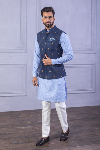 Embroidered Suede Vest With Linen Kurta & Trouser